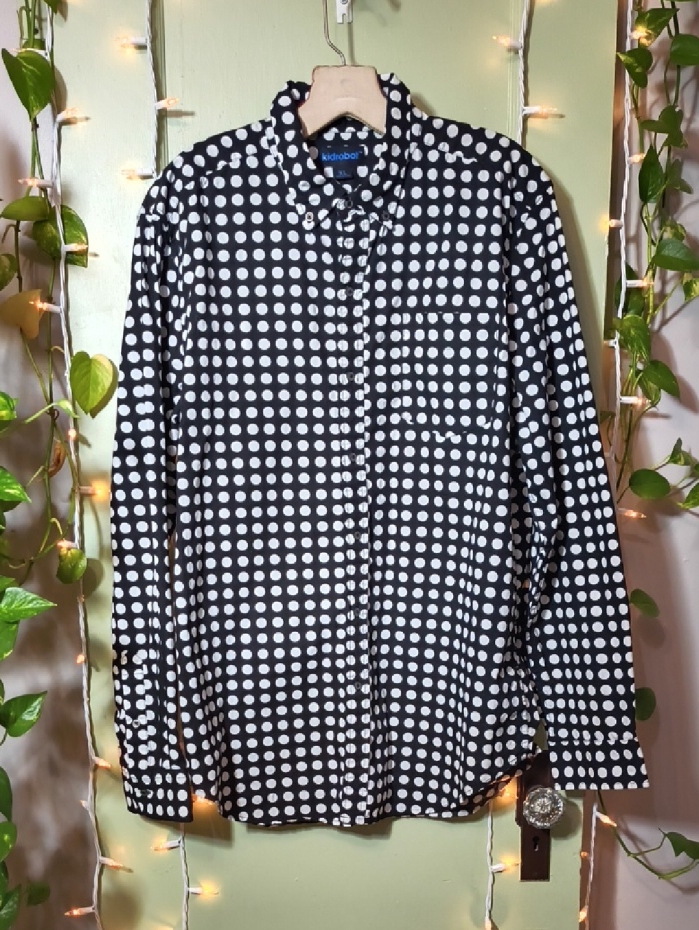 Men's Kid Robot Black White Dot Button Up Dress Shirt XL